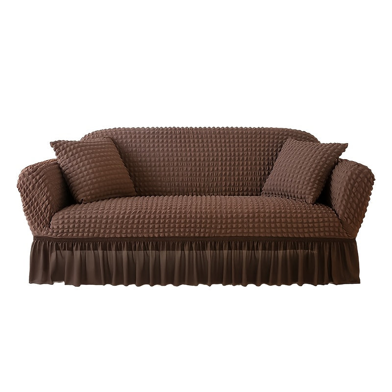 Seersucker Sofa Cover All-In-One Stretch Slipcover – Elastic Band Polyester Spandex Machine Washable Couch Protector for Armchair Loveseat 1 2 3 4 Seater Solid Color