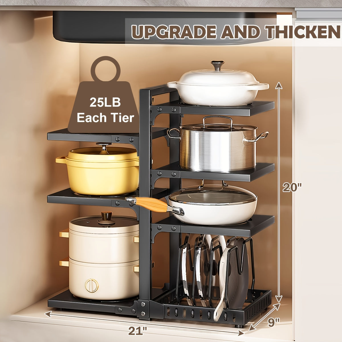 Kitchen Pot Rack Organizer – Multilayer Adjustable Metal Pan Holder, Cutting Board Storage, Detachable Shelves, Space-Saving Countertop Rack for Pots, Pans & Lids