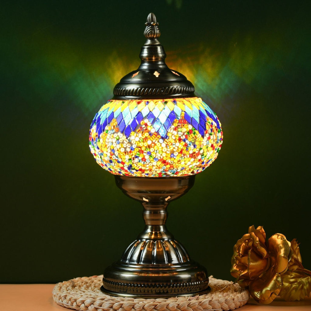 Handmade Turkish Mosaic Table Lamp 3-Color Dimming Glass Bedside Lamp with Metal Base - USB Powered Boho Decorative Light for Bedroom Living Room - Bulb Included, Ready to Use
