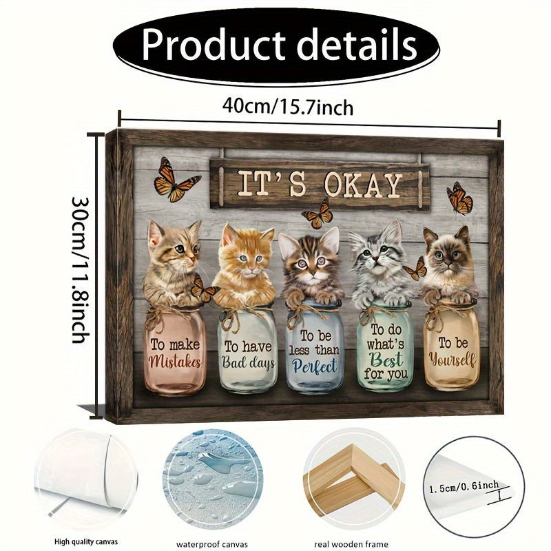 Whimsical Cat & Butterfly Framed Canvas Wall Art with Inspirational Quotes - Rustic Wood Frame, Cozy Home Decor for Living Room, Bedroom & Office, Unique Cat Lover Gift