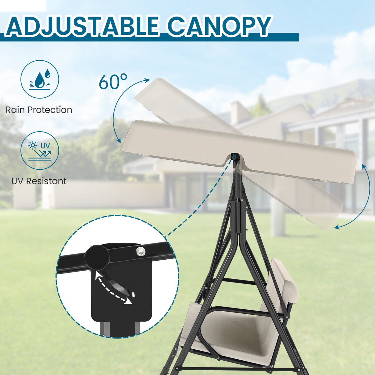 Outdoor Porch Glider Swing with Canopy Rust Proof Heavy Duty Steel Frame Adjustable Canopy Patio Furniture Garden Lawn Backyard Black Beige Brown Red Green