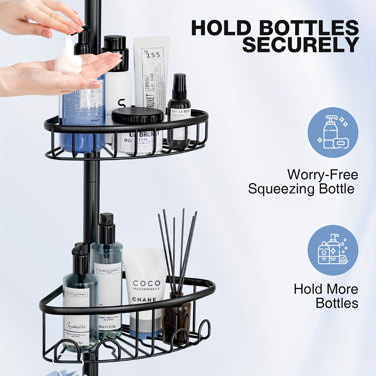 4-Tier Corner Shower Storage Rack No-Drill Telescopic Floor Standing Organizer – Rust-Resistant Stainless Steel, Adjustable 47–121 Inch, Bathtub Shampoo Shelf in Black