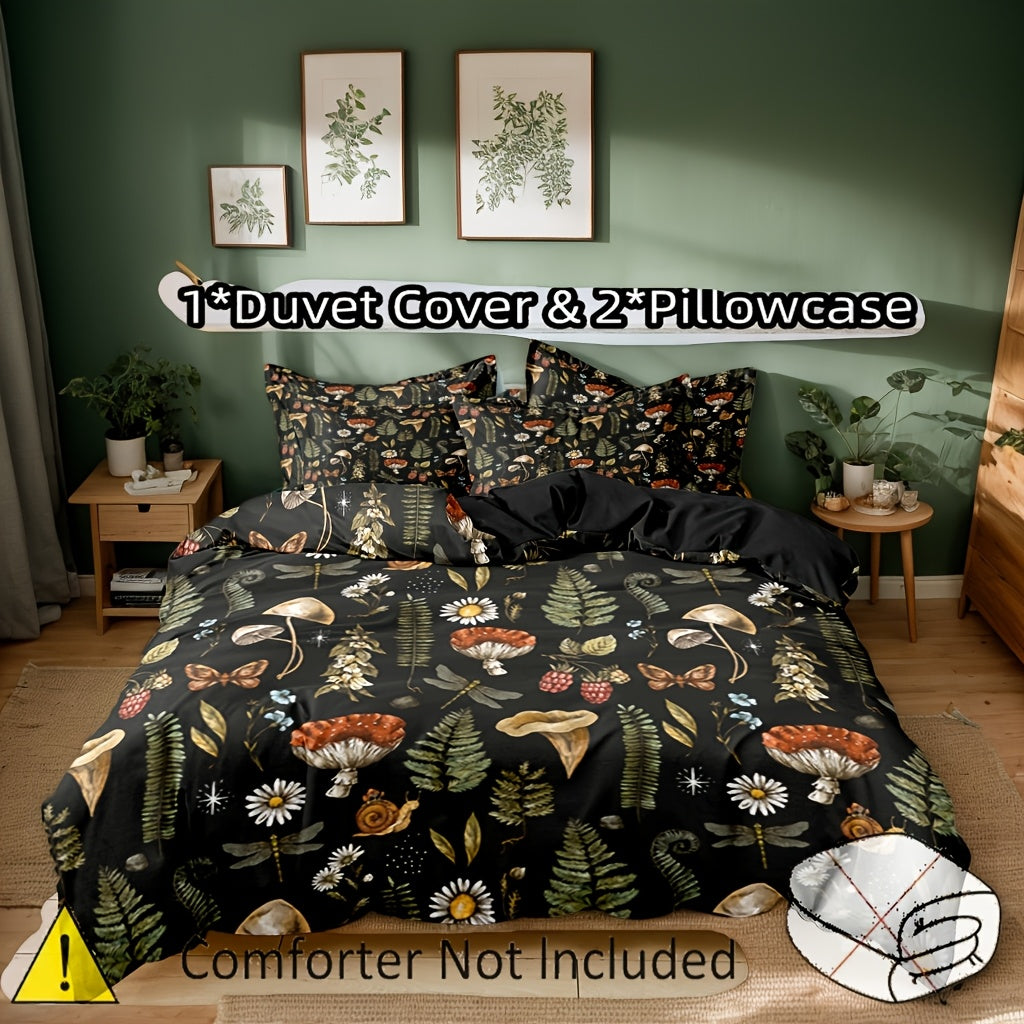 Mushroom Forest Print Duvet Cover Set 3 Piece Soft Polyester Quilt Cover with 2 Pillowcases Cottagecore Bedding Twin Full Queen King