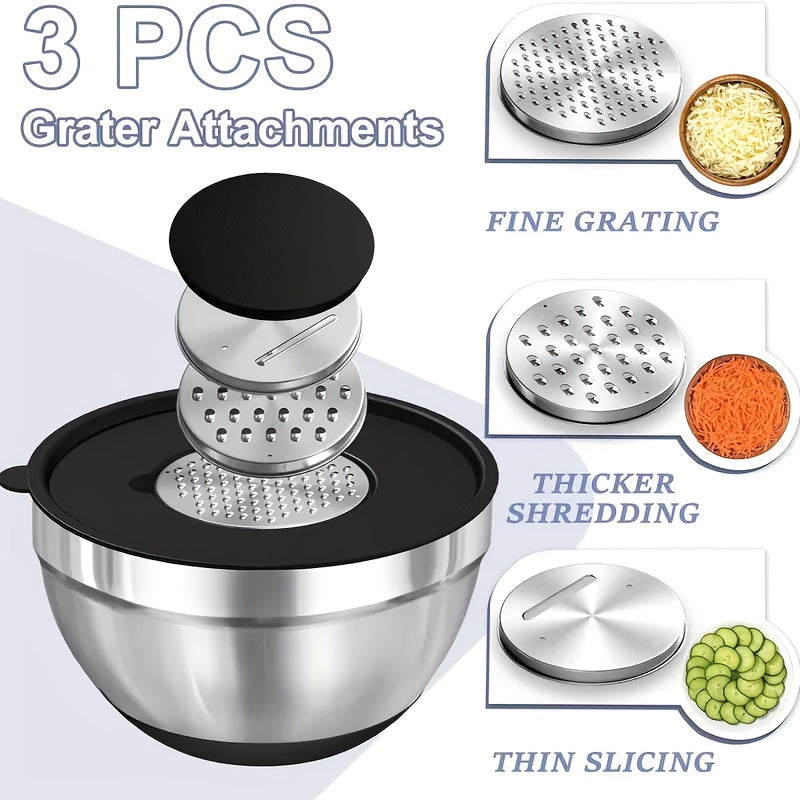 26-Piece Stainless Steel Mixing Bowl Set with Airtight Lids & 3 Grater Attachments - Non-Slip Bottoms | 6 Sizes: 1–7 QT
