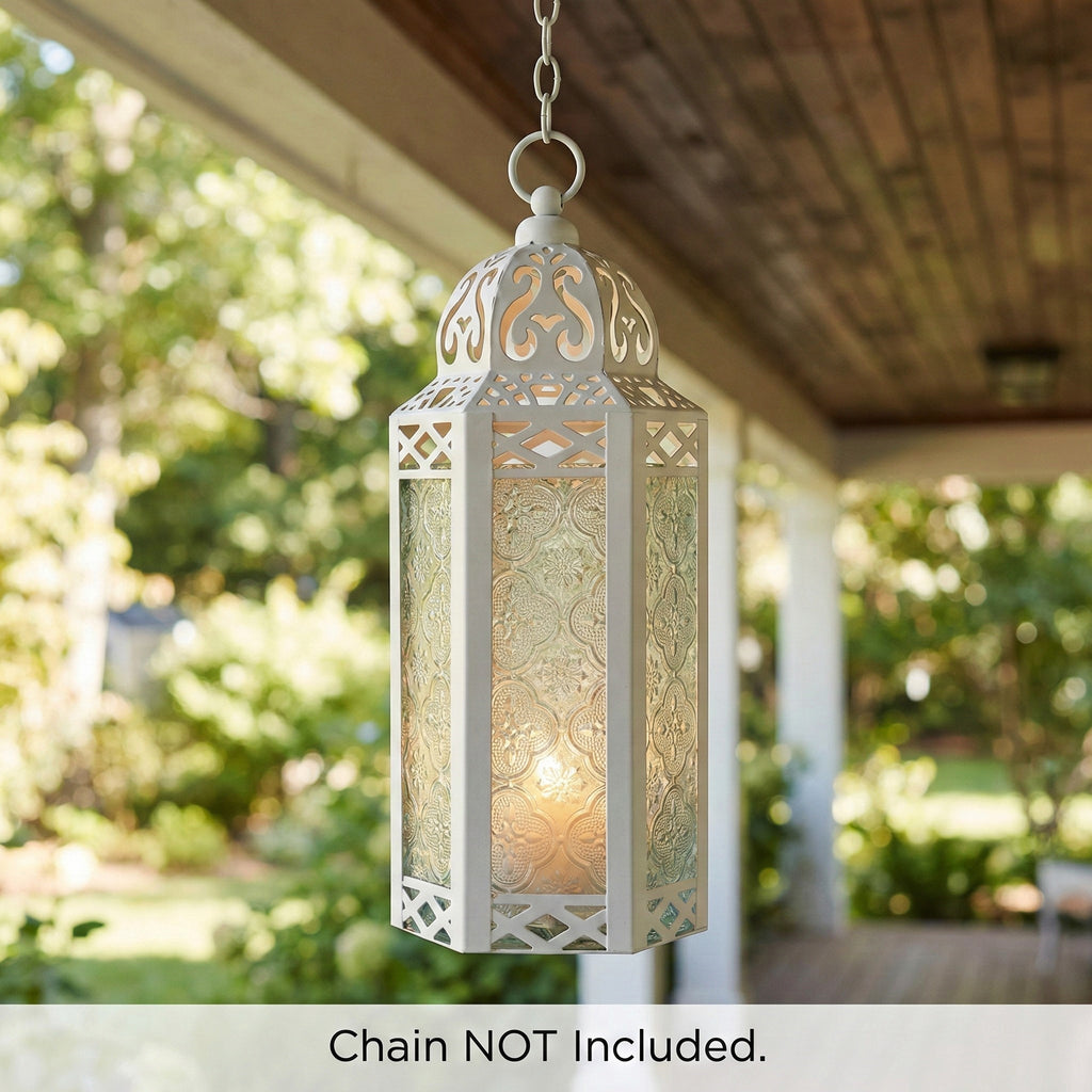 Moroccan Candle Lantern Holder Medium 10.5 Inch – Handcrafted Glass Iron Metal Lantern with Embossed Floral Panels, 17 Colors, Indoor Outdoor Use for Ramadan, Wedding, Patio, Diwali & Home Decor