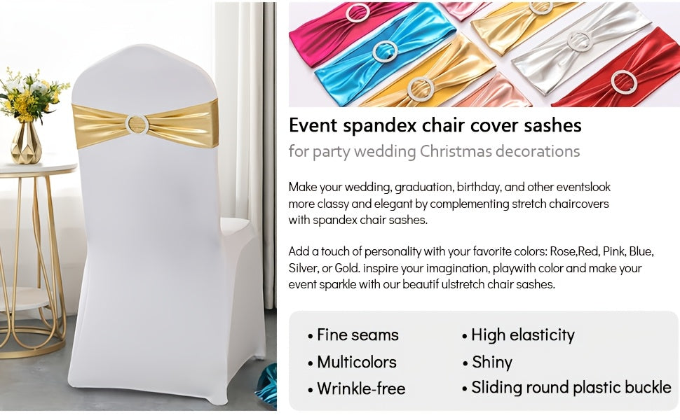 Metallic Spandex Chair Sashes Bow Bands 100pcs – Sparkle Lycra Stretch Chair Ties with Buckle for Wedding, Banquet & Party Decor | Gold, Silver, Rose Gold