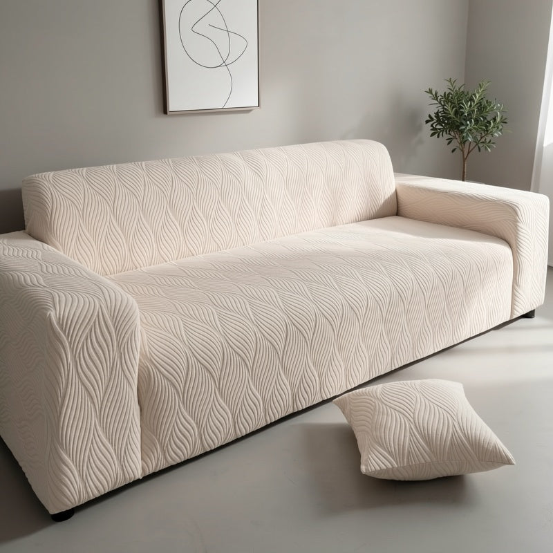 Jacquard Elastic Sofa Cover – Modern Artistic Slip-Resistant Couch Slipcover | All-Season Polar Fleece Furniture Protector for Living Room, Office & Bedroom | Includes Free Pillow Cover | 1-4 Seater
