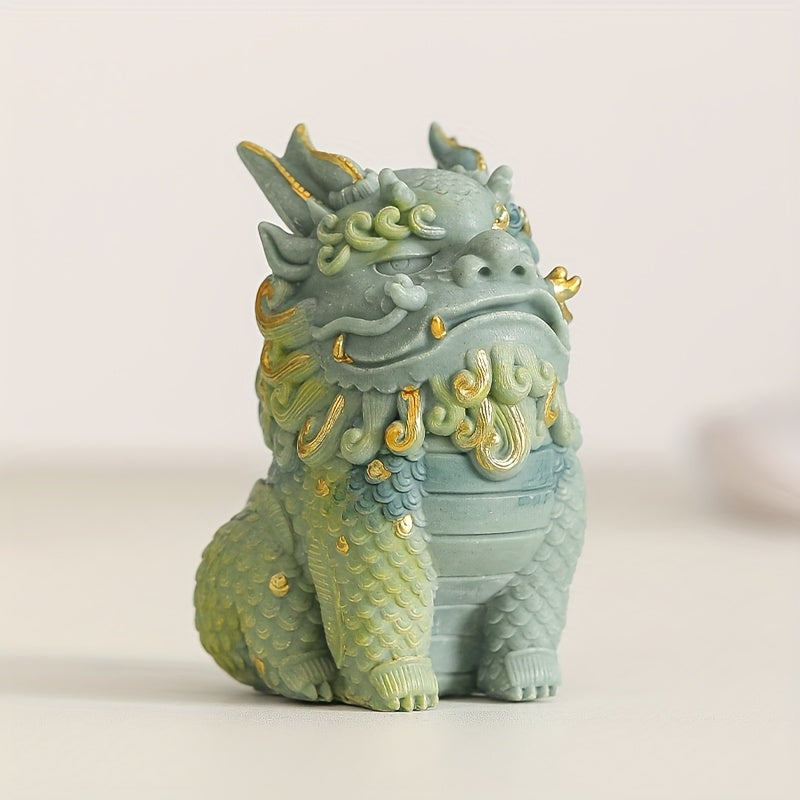 Pixiu Statue Wealth & Blessings Stone Figurine with Golden Floral Designs – Feng Shui Mythical Creature Decorative Sculpture for Living Room, Cabinet, Office & Home Display Gift