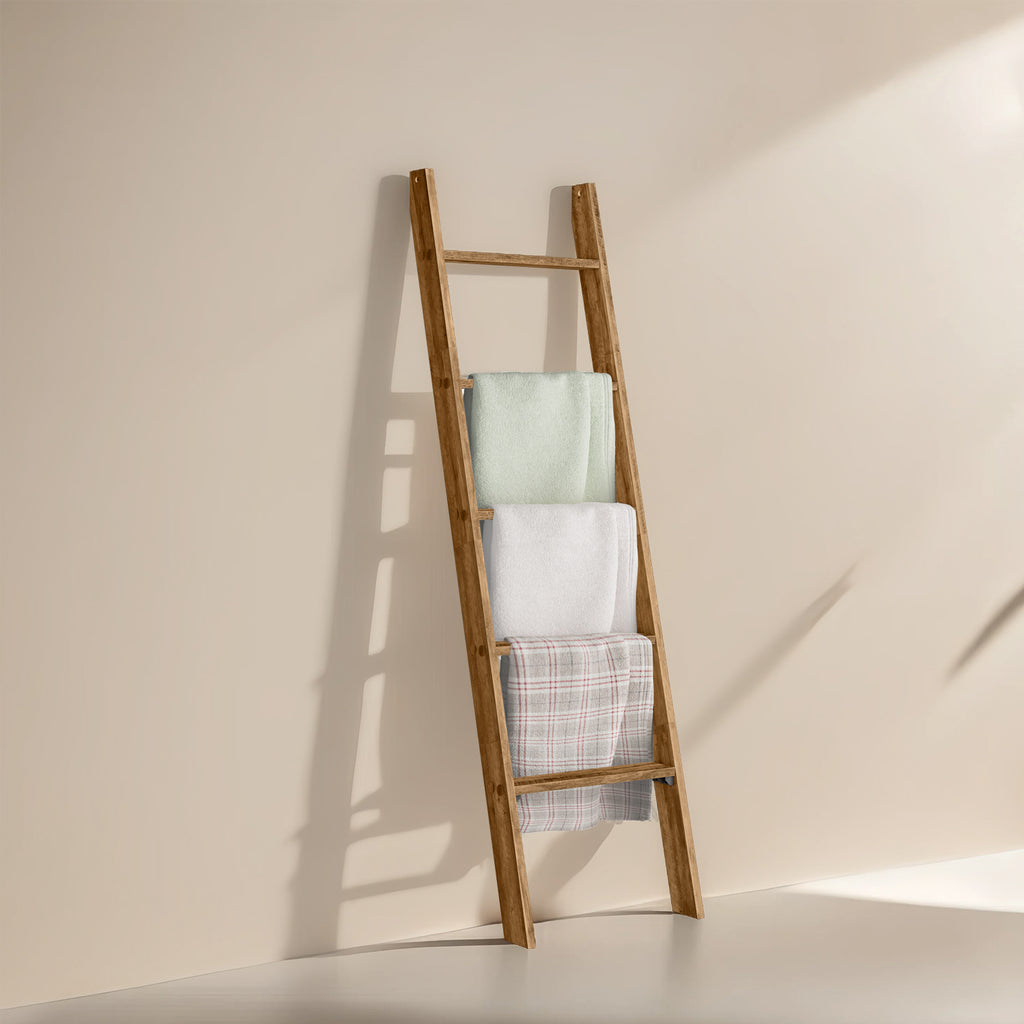 Blanket Ladder 5 Tier Farmhouse Decorative, Wood Ladder Rack for Blankets Towels & Quilts, 2-in-1 Ladder Shelf for Living Room Bedroom Bathroom Storage & Decor, Maroon Brown, Holds 17.6 lbs