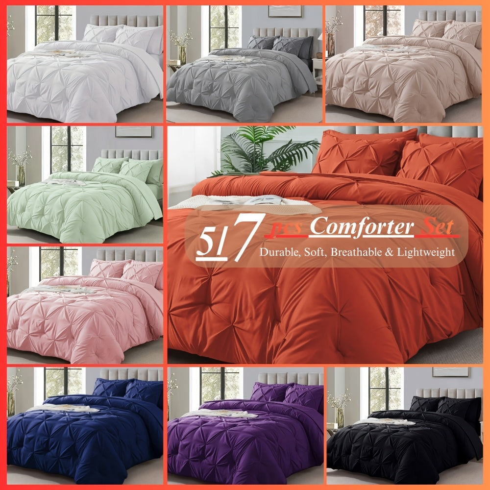 5/7pcs Pintuck Bed In A Bag Comforter Sets, Pinch Pleat Complete Bedding Sets with Comforter, Sheets & Pillowcases, Queen/King Size, All Season