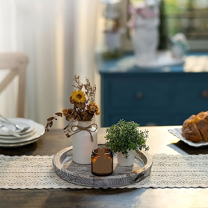 Rustic Round Wood Decorative Tray – Distressed Farmhouse Wooden Tray for Coffee Table, Ottoman, Living Room & Kitchen Counter Decor, Candle Holder Base & Boho Home Styling