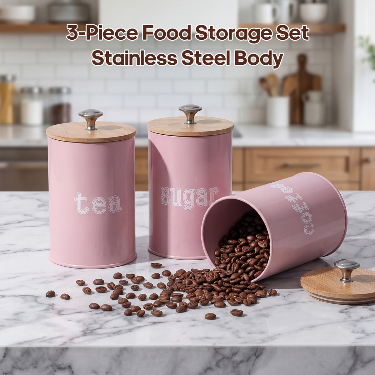 Airtight Coffee Canisters Set of 3 with CO2 Valve - Stainless Steel Coffee Container with Bamboo Lid, Espresso Bean & Ground Coffee Storage, Kitchen Barista Organizer Canisters