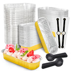100 Pack Mini Aluminum Foil Cake Pans with Lids and Spoons - 6.8oz Rectangular Baking Pans for Mini Cheesecakes Desserts and Holiday Baking - Disposable Bakeware Set