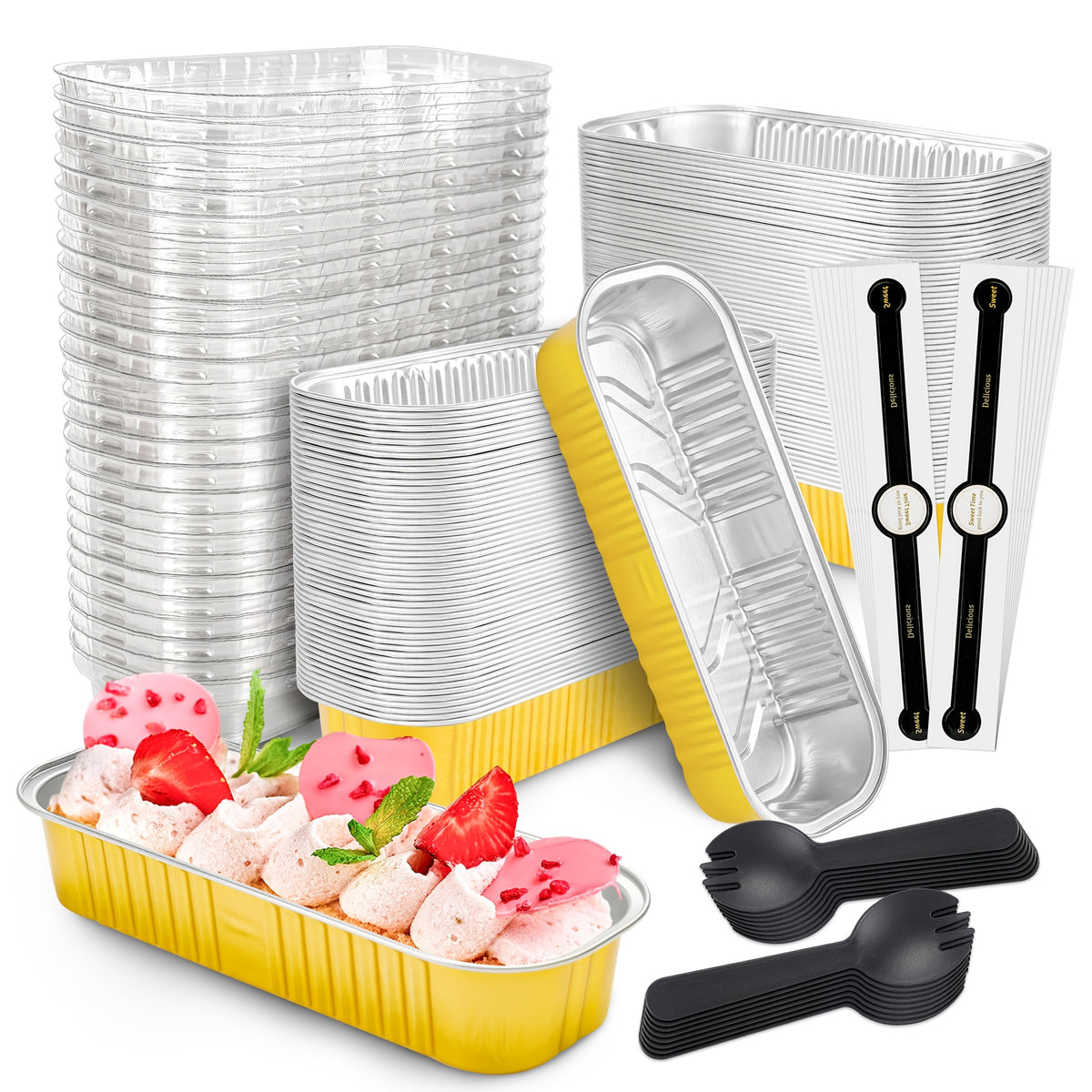 100 Pack Mini Aluminum Foil Cake Pans with Lids and Spoons - 6.8oz Rectangular Baking Pans for Mini Cheesecakes Desserts and Holiday Baking - Disposable Bakeware Set