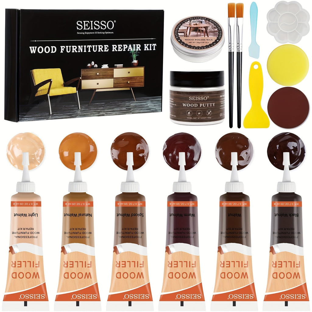 Wood Furniture Repair Kit 14 Piece Scratch Repair Filler Wood Putty Wax Touch Up Kit for Hardwood Floors Laminate Tables Doors Cabinets Walnut Colors Restore Cracks Holes