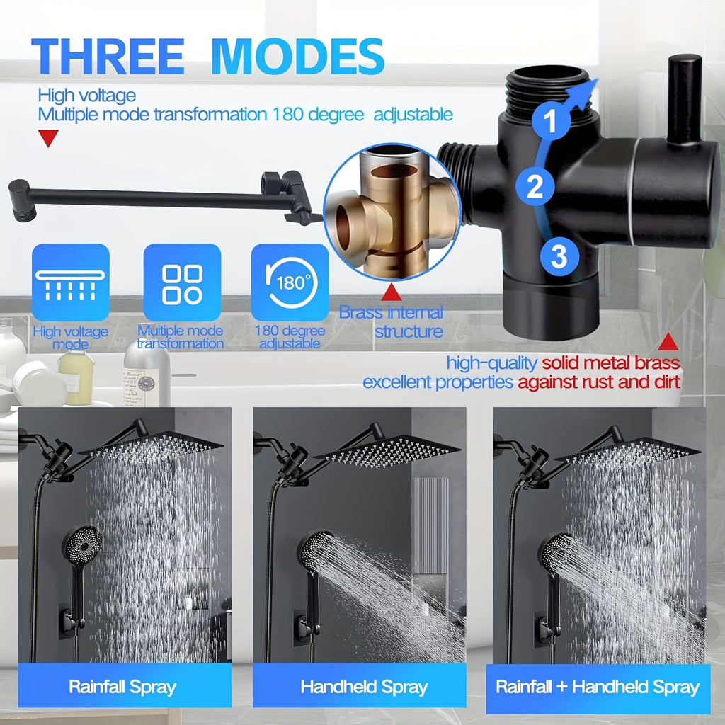 High Pressure Rainfall Handheld Shower Head Combo with 11-Inch Extension Arm 9 Spray Settings Anti-Leak Height Angle Adjustable Chrome Matte Black