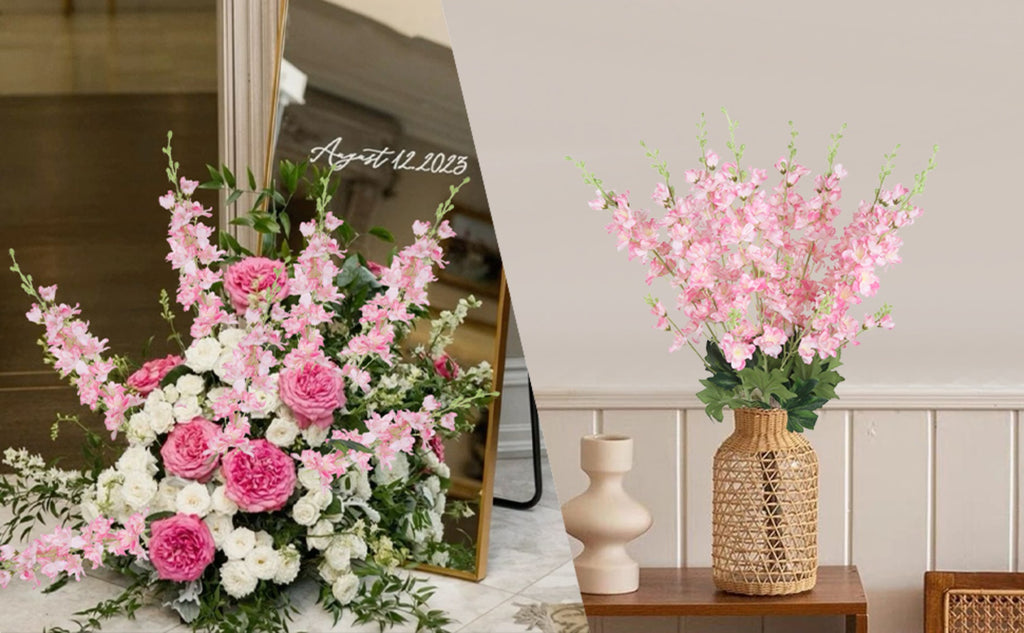 Faux Delphinium Larkspur Stems 8pcs 33.5 Inch Artificial Flowers for Wedding Table Centerpiece Bridal Bouquet Home Garden Vase Floral Arrangement Decor in Dusty Blue Pink Purple Orange