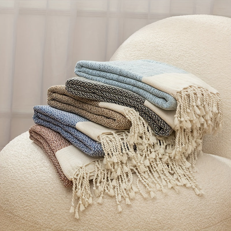 Cotton Tassel Blanket Boho Diamond Grid 100% Cotton 350GSM Breathable Soft All Season Machine Washable Throw for Bed Sofa Picnic Travel Black Navy Blue Light Blue Gray Red Orange Brown 49x71 Inch