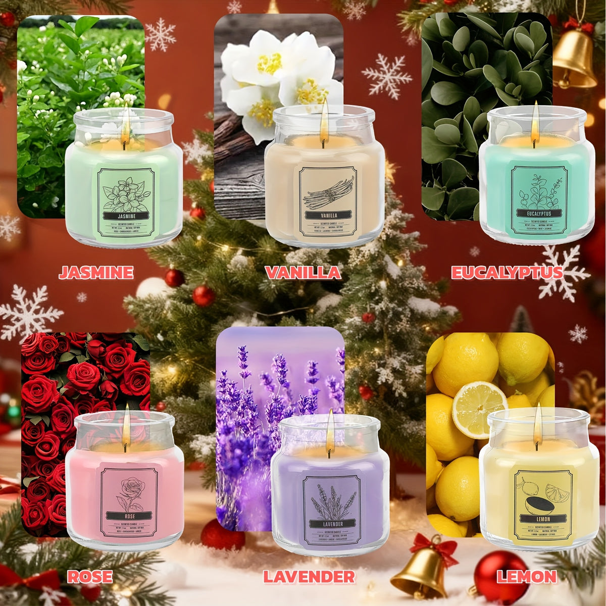 6-Piece Soy Scented Candle Set 120 Hour Burn – Jasmine Eucalyptus Lavender Vanilla Rose Lemon 3.5oz Each, Aromatherapy Home Fragrance Gift for Thanksgiving Christmas Mother’s Day