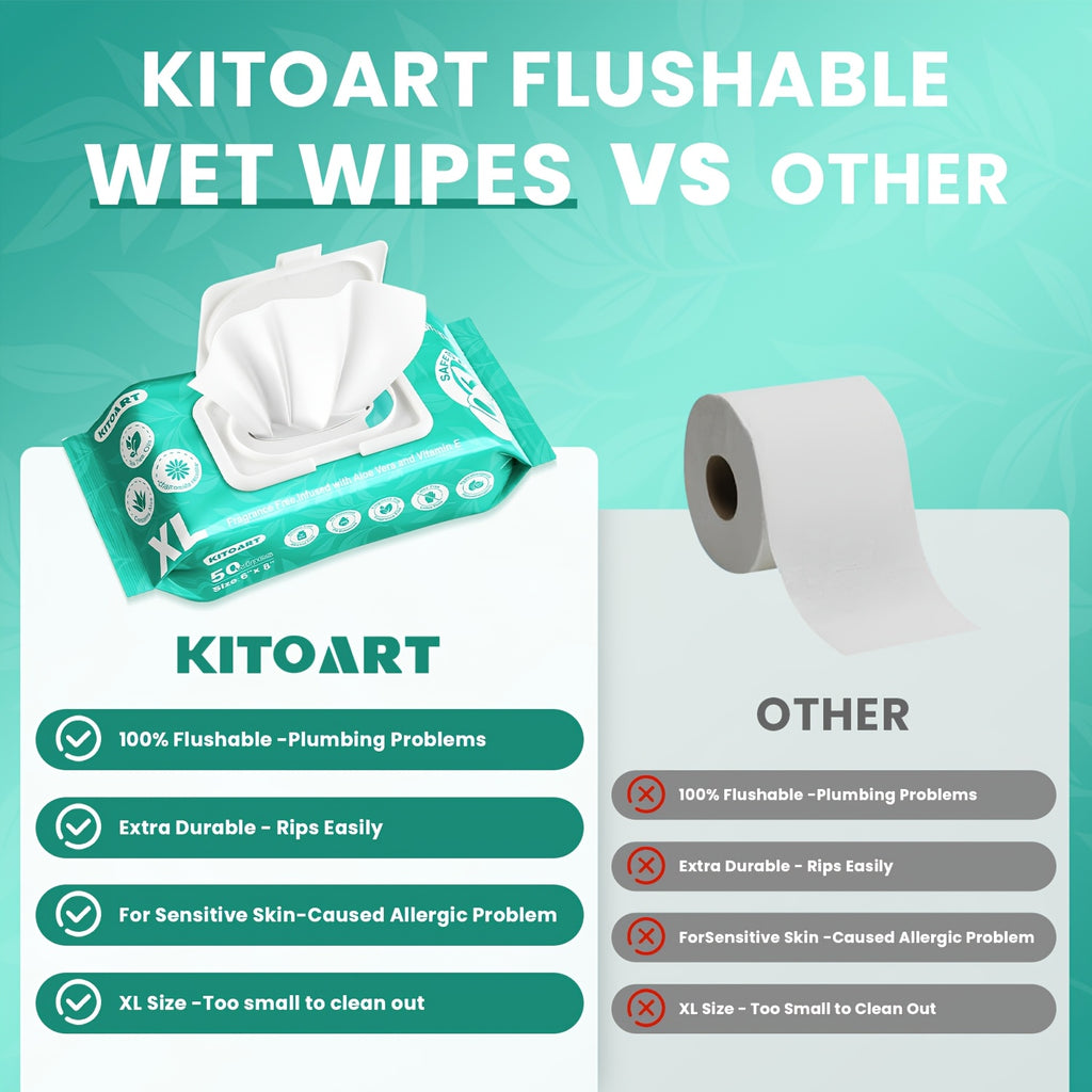 XL Flushable Adult Wet Wipes Unscented Alcohol-Free Septic and Sewer Safe Family Size 3-Pack 150 Wipes and 6-Pack 300 Wipes for Home Bathroom Travel Camping Outdoor Hygiene