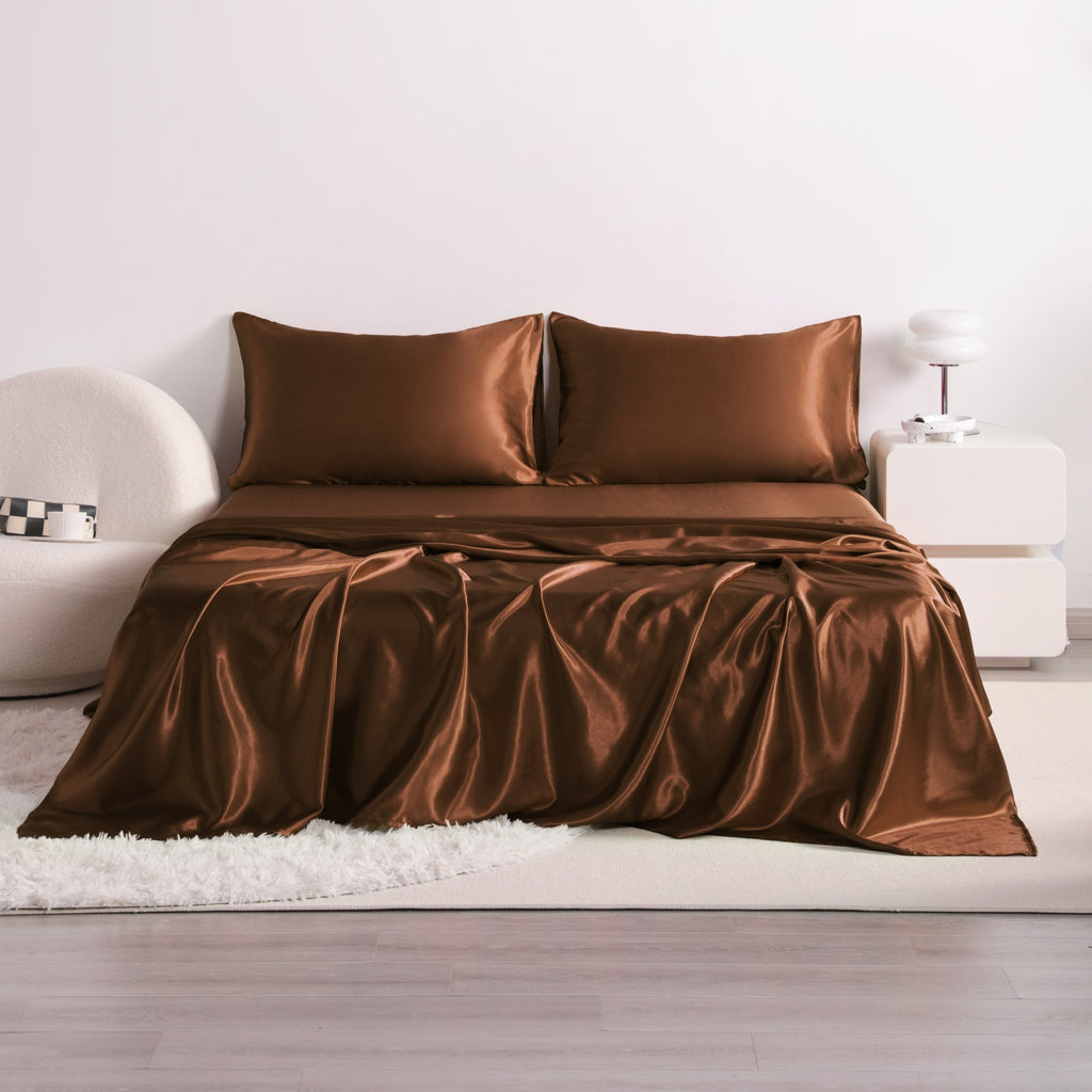 Cooling Satin Bed Sheet Set 4-Piece – Hypoallergenic Breathable Deep Pocket Flat & Fitted Sheet with Pillowcases, 300 GSM, 15 Colors, Twin to Cal King