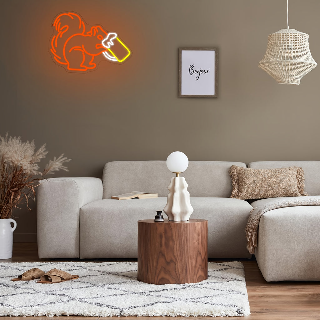 Squirrel Drinking Beer Neon Sign LED Dimmable USB Powered Bar Light for Man Cave Home Bar Pub Cafe Party Wall Decor