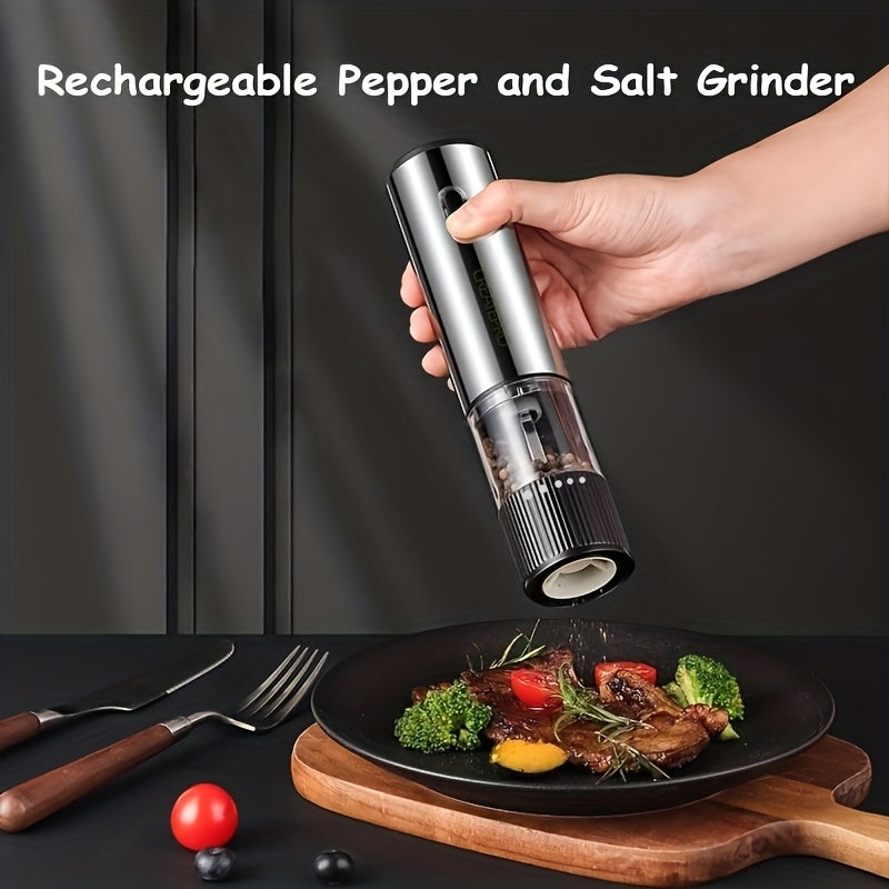 Electric Salt and Pepper Grinder Rechargeable USB – Adjustable Coarseness Automatic Pepper Mill, Stainless Steel with Lithium Battery for Home Kitchen, BBQ & Dining Table, 1pc or 2pcs Set