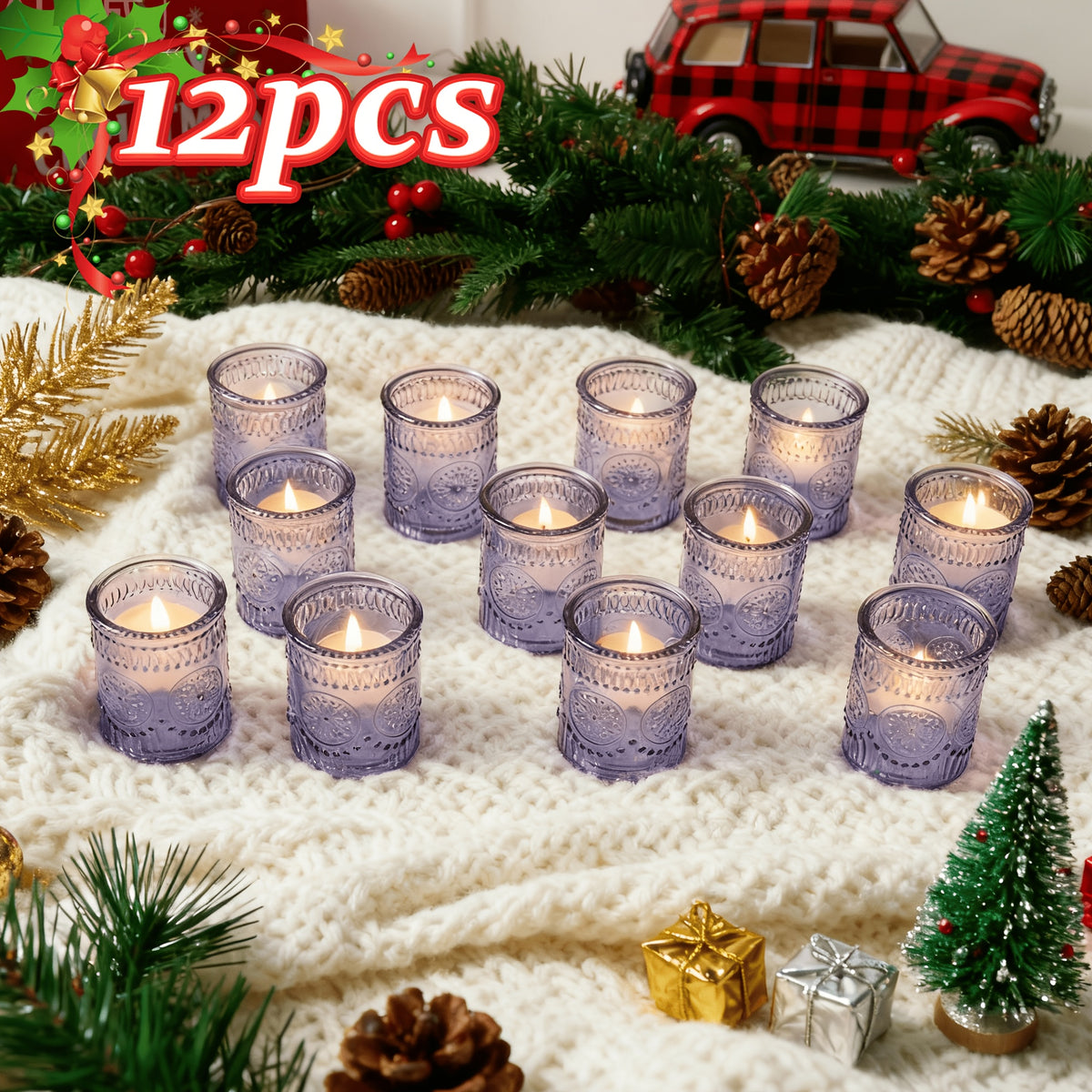 Glass Votive Candle Holders Bulk Set 6/12/24pcs – Shimmering Multi-Hued Hurricane Glass for Wedding, Christmas, Thanksgiving, Valentine’s Day & Holiday Party Tabletop Decor
