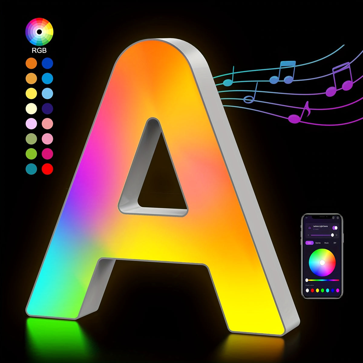 LED Alphabet Letter Lights with Music Sync, Colorful Flashing Marquee Letters for Bedroom, Party, Game Day & Festival Decor
