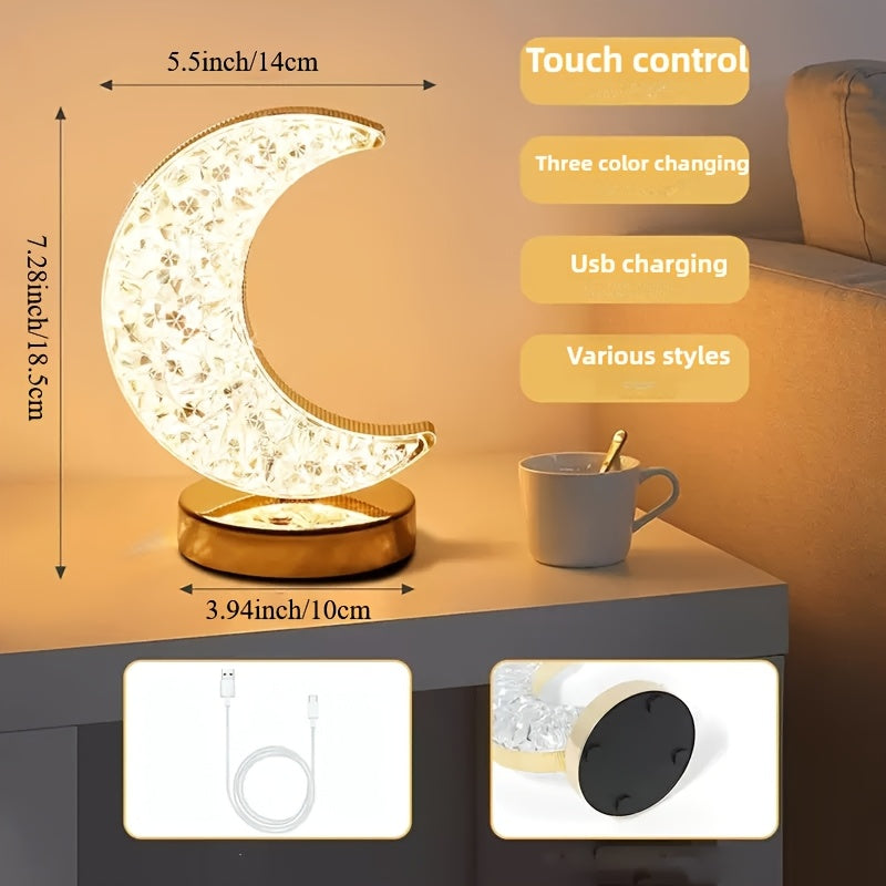 Crystal Touch Table Lamp Moon or Star Shape, Rechargeable Dimmable Bedside Lamp with 3 Color Modes, Aesthetic Bedroom Night Light for Living Room, Christmas & Holiday Decoration Gift