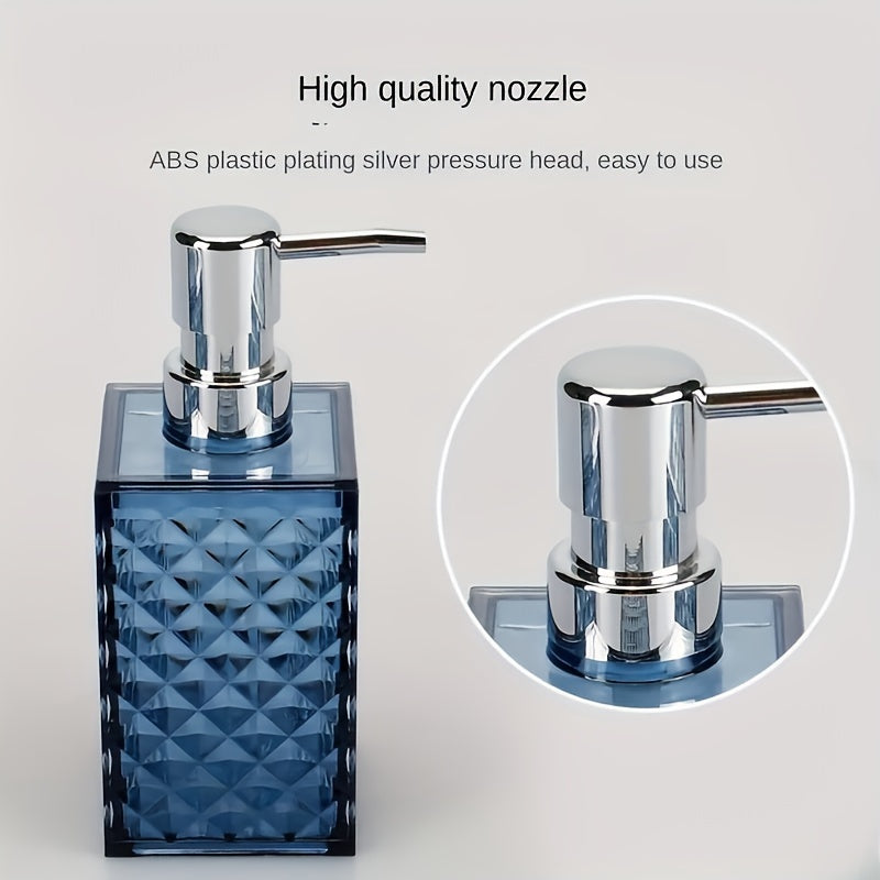 Bathroom 4-Piece Plastic Accessory Set – Transparent Diamond Grid Pattern | Soap Dispenser, Toothbrush Holder & More | Grey, Blue, Green