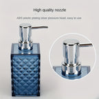 Bathroom 4-Piece Plastic Accessory Set – Transparent Diamond Grid Pattern | Soap Dispenser, Toothbrush Holder & More | Grey, Blue, Green