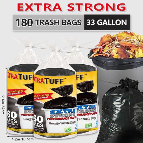 33 Gallon Trash Bags 180 Count 60 Bags Per Roll Tear Resistant Leak Proof Disposable Large Garbage Bags for Home Garden Industrial Commercial Use