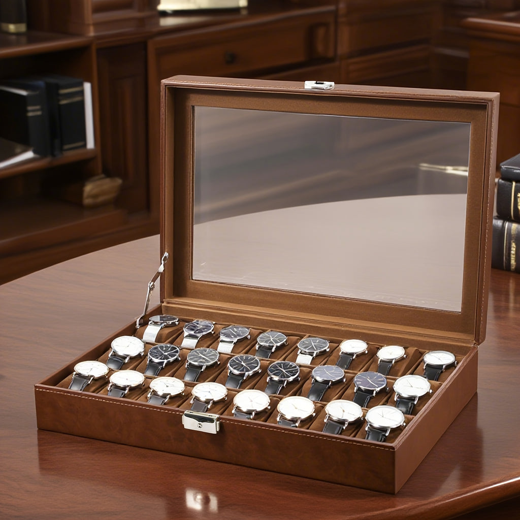 24-Slot Watch Box Organizer with Large Glass Lid & Key Lock, Faux Leather Watch Display Case for Men & Women, Tabletop Jewelry Storage Box for Watches, Wristwatch Collection Gift