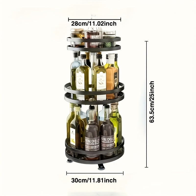 3-Tier Rotating Spice Rack – Metal Turntable Countertop Spice Jar Organizer for Kitchen, Seasoning Storage Rack, Sleek Black Finish