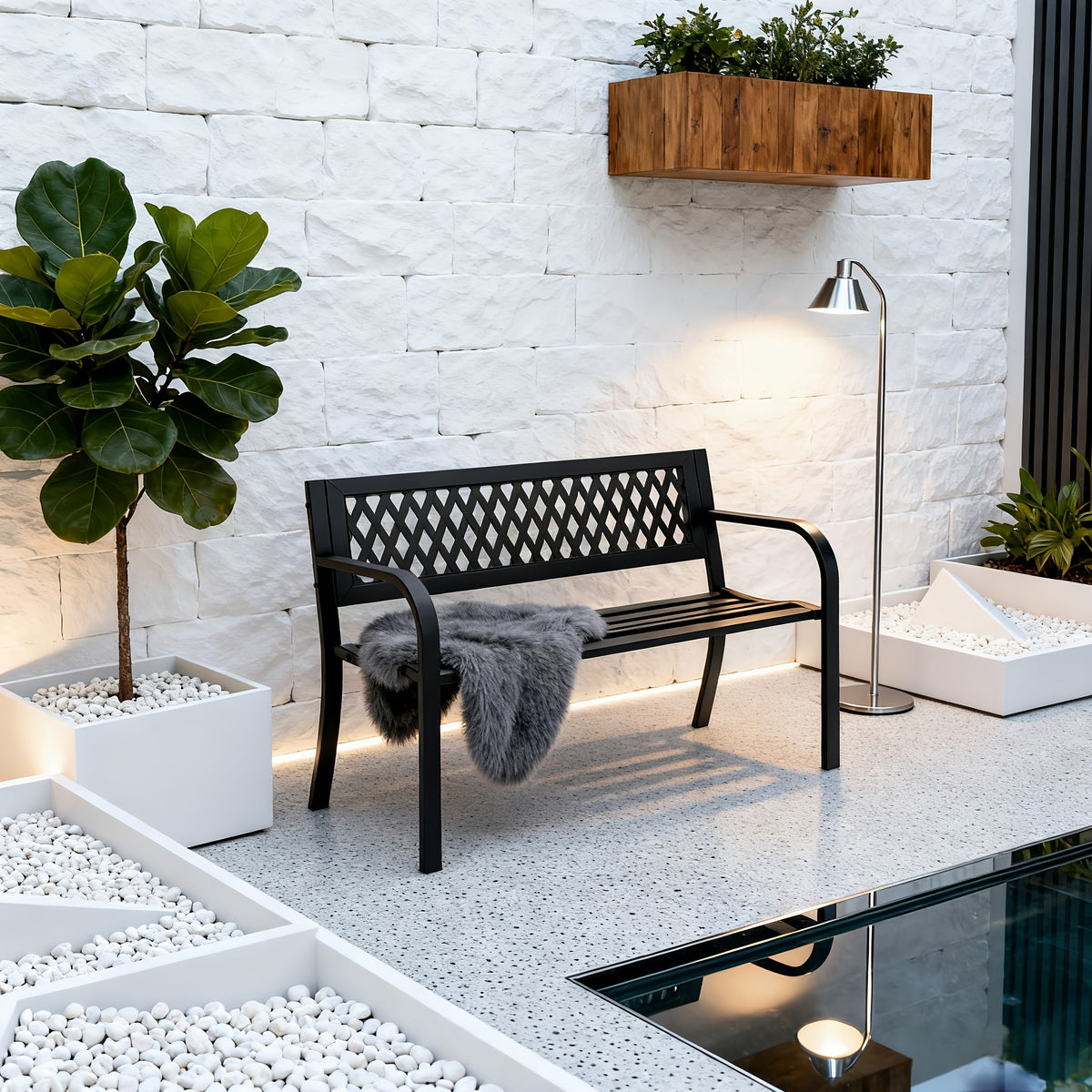 Outdoor Metal Garden Bench 47in with Backrest Armrests 500LBS Capacity Park Bench for Courtyard Garden Yard Front Porch Black