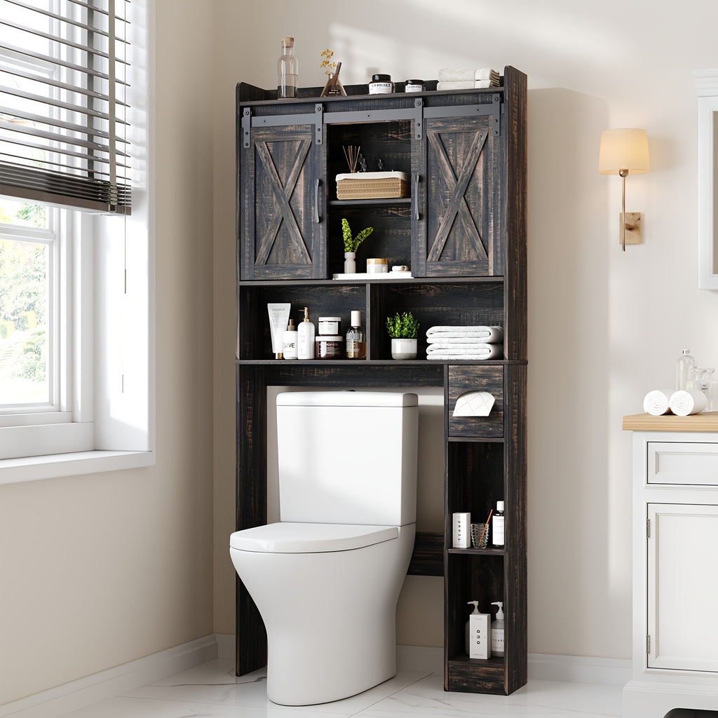 Farmhouse Over Toilet Cabinet with Sliding Doors Engineered Wood Adjustable Shelf Toilet Paper Holder Stand Space Saving Bathroom Storage No Wall Mount Multiple Colors