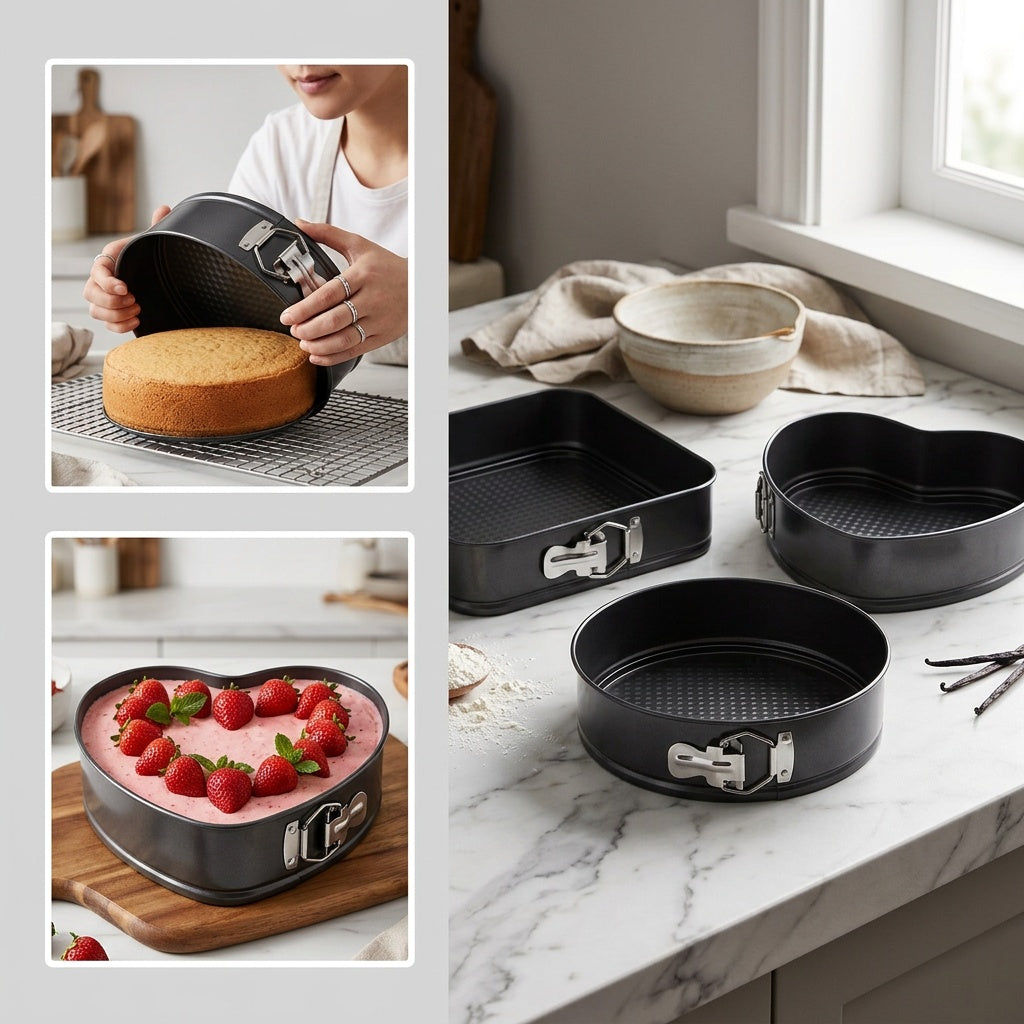 Non-Stick Cake Pan Set 3 Piece with Removable Bottom - Carbon Steel Round & Heart Shaped Baking Pans for Christmas, Halloween & Holiday Baking