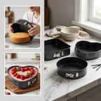 Non-Stick Cake Pan Set 3 Piece with Removable Bottom - Carbon Steel Round & Heart Shaped Baking Pans for Christmas, Halloween & Holiday Baking