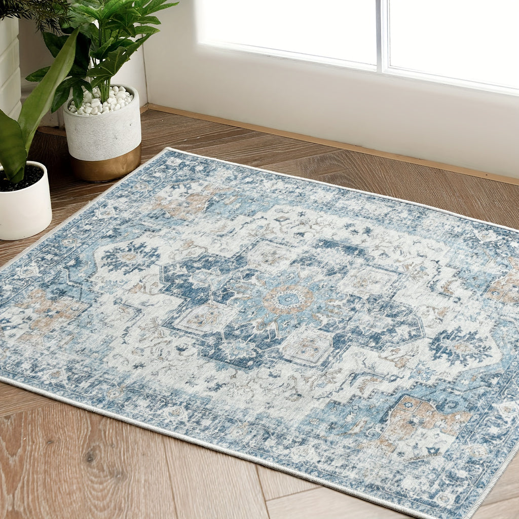 Washable Vintage Area Rug - Chenille Retro Distressed Multi-Print Foldable Lightweight Accent Rug for Entryway Bathroom Kitchen Living Room and Bedroom