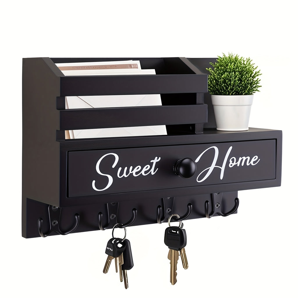 8-Hook Wall-Mounted Key & Mail Holder with Storage Drawer – Rustic Wood Entryway Organizer for Kitchen, Mudroom & Office, Adhesive Paintable Hooks, Space-Saving Easy Install