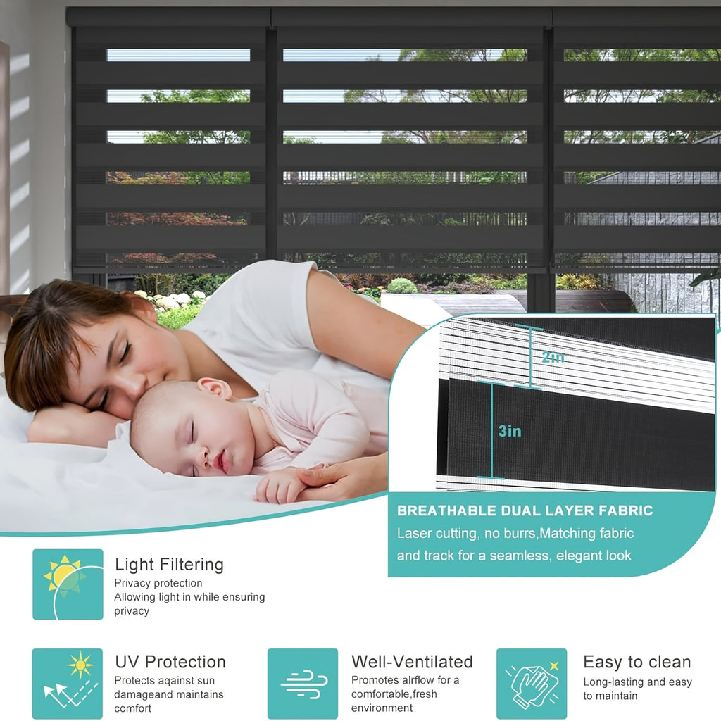 Cordless Zebra Blinds for Windows - Dual Layer Light Filtering & Blackout Roller Shades, Easy Install Custom Width 20"-64" x 72"H, Modern Window Treatment for Bedroom Living Room, 4 Colors