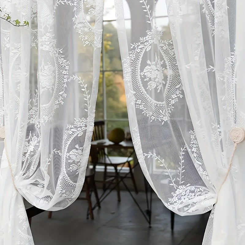 French Lace Curtains 2 Panels - Romantic European Retro Embroidery Floral Semi-Sheer Rod Pocket Drapes, 57" Wide Light Filtering Window Curtains for Living Room Bedroom Balcony, White Green Black