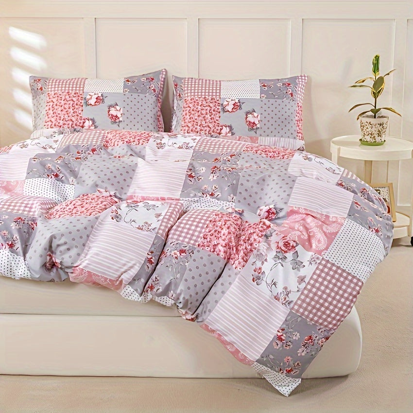 Floral Print Duvet Cover Set 3pcs – Soft Breathable Splicing Floral Light Pink, Zip Closure, Machine Washable, 1 Duvet Cover + 2 Pillowcases, Twin to King, All-Season Bedding