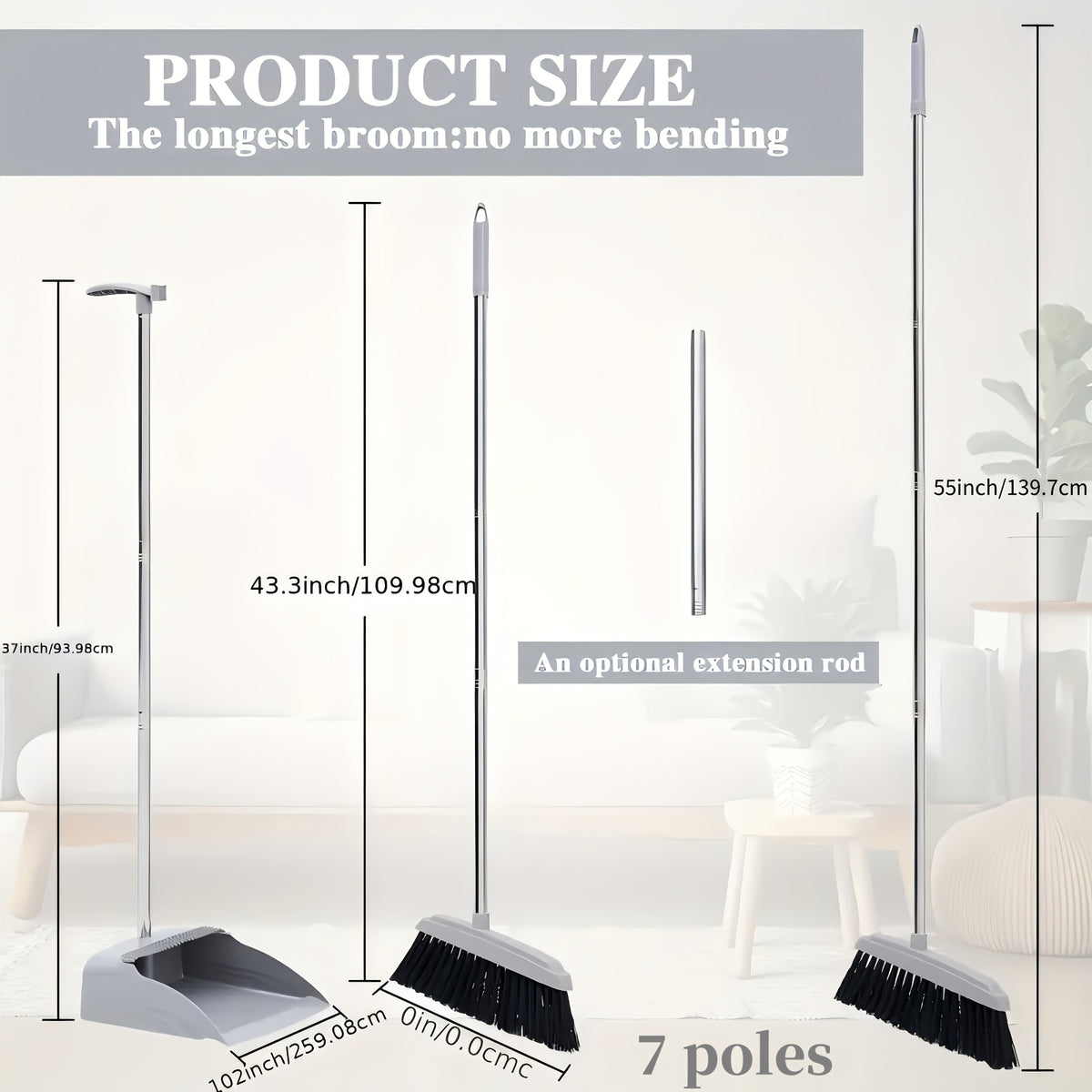 Broom and Dustpan Set 3-in-1 4-in-1 Long Handle Non-Stick Hair Foldable Rotatable Floor Sweeper for Home Office Outdoor Hardwood Tile Indoor Cleaning