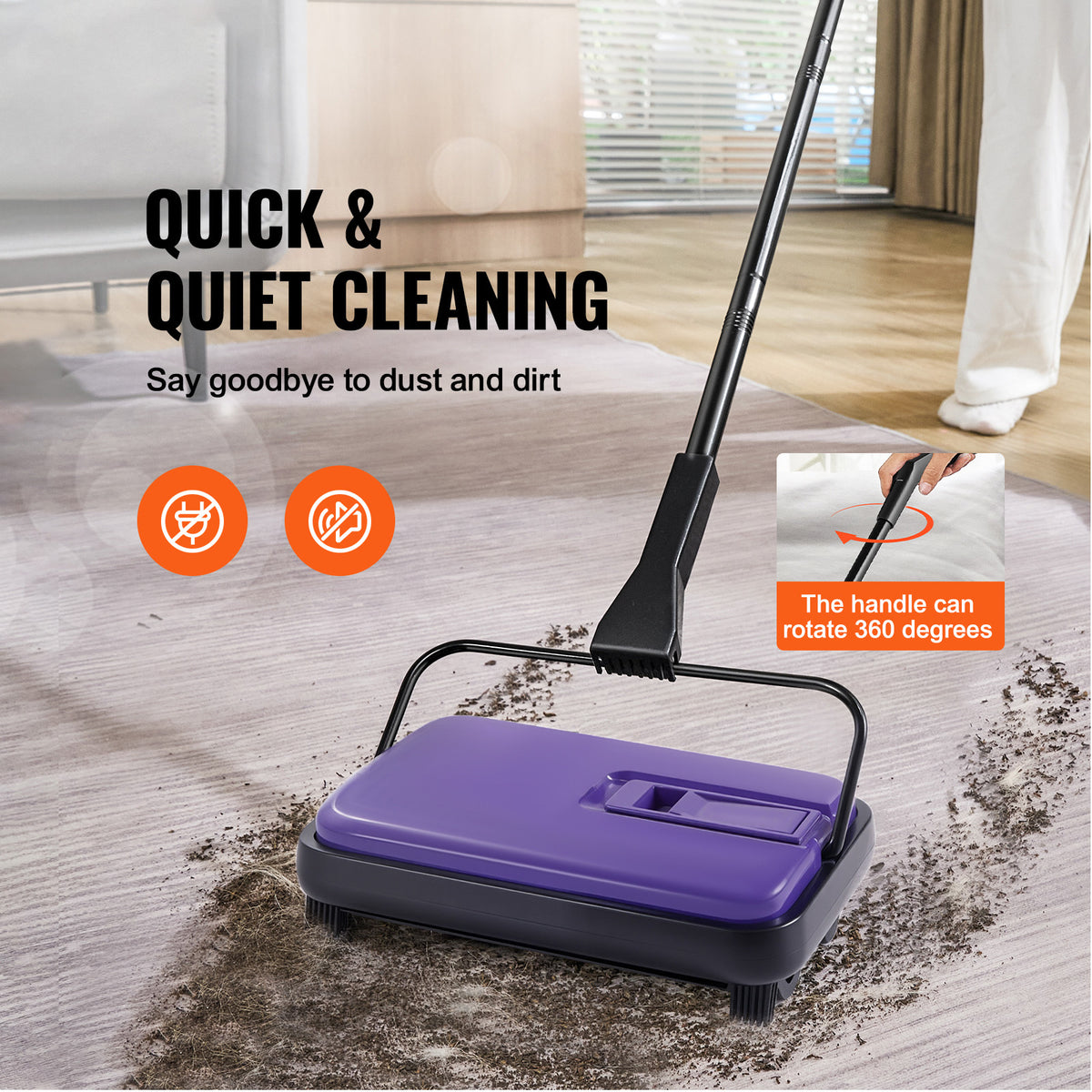 Manual Carpet Sweeper No Battery Needed 300ml Dustbin 180° Rotating Head Floor Sweeper for Carpet Hardwood Tile Pet Hair Home Office