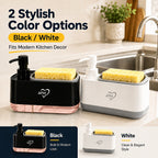 Kitchen Soap Dispenser with 2 Sponges & Dish Brush Holder | BPA-Free Refillable Transparent Pump Dispenser for Sink | Compact Square Design | Black or White