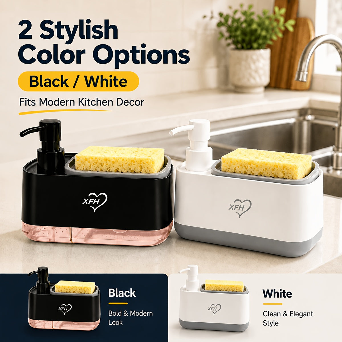 Kitchen Soap Dispenser with 2 Sponges & Dish Brush Holder | BPA-Free Refillable Transparent Pump Dispenser for Sink | Compact Square Design | Black or White