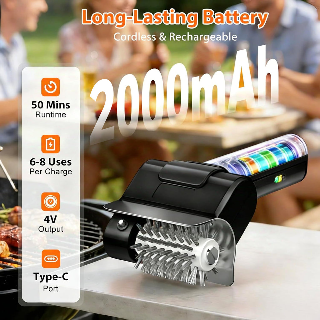 Cordless Electric Grill Brush – 800 RPM Rotating BBQ Cleaning Tool, 2000mAh Rechargeable, 304 Stainless Steel Bristles, Includes Replacement Head & Gloves, Portable Outdoor Grill Scrubber