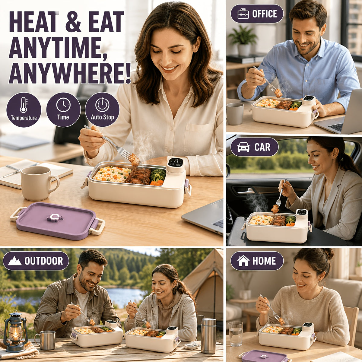 Heated Lunch Box Rechargeable with Timer - Self-Warming Portable Bento Box 80°C Keep Warm for Women & Men, Insulated Meal Prep Container with Lid, Electric Lunch Box for Work & Office